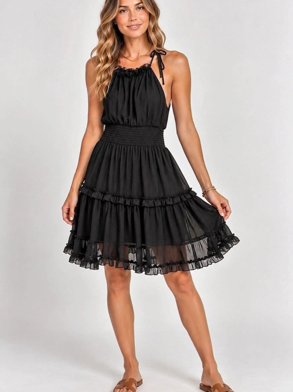 NWT Banana Republic Black Ruffle Halter Tiered Dress, Size Large